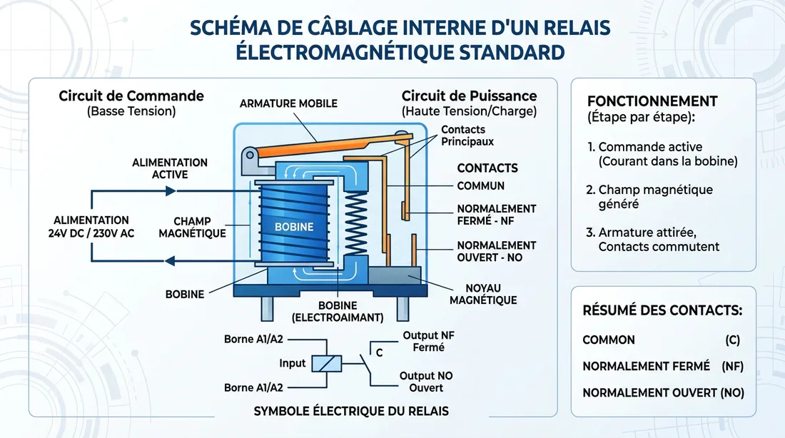Schéma de câblage d'un télérupteur Schéma technique de fonctionnement d'un télérupteur électromécanique