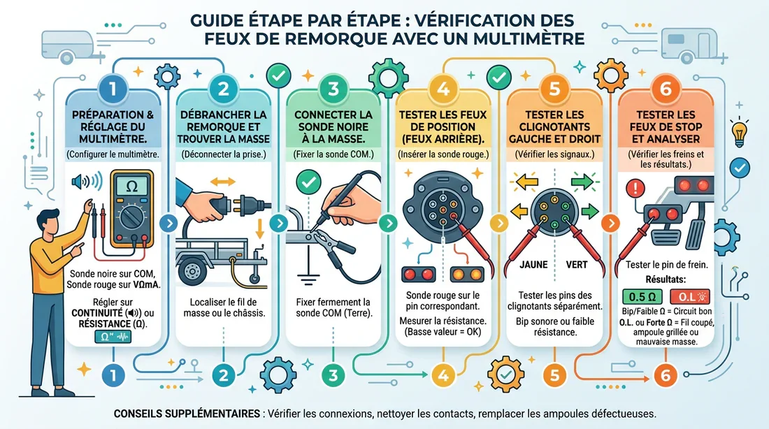 Infographie des étapes de test d'une prise de remorque