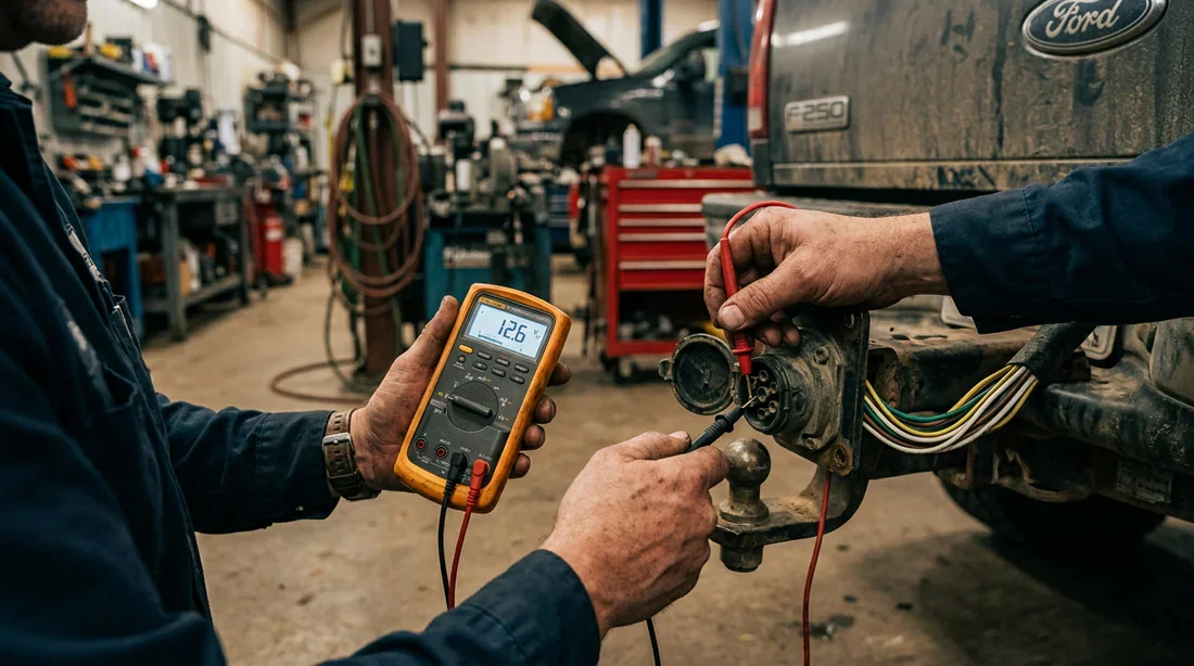 Mécanicien utilisant un multimètre pour tester une prise de remorque