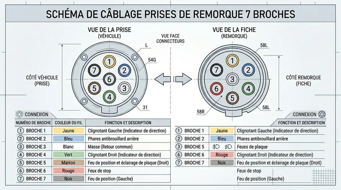 Schéma technique des broches d'une prise de remorque 7 plots