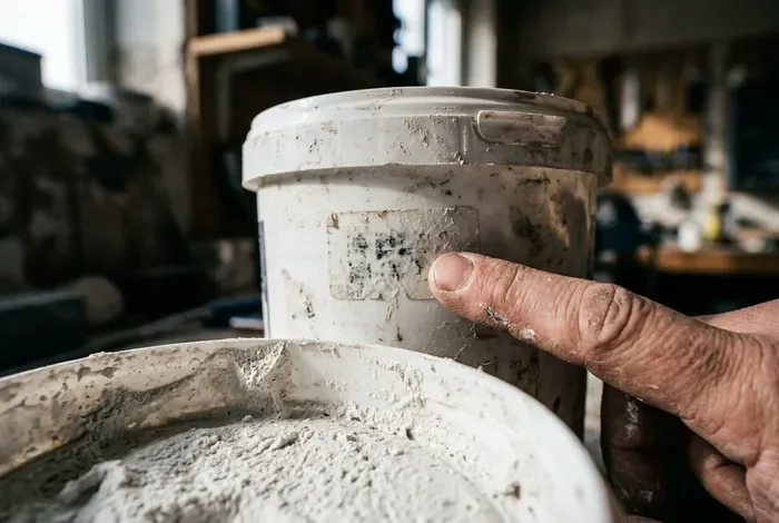 Gros plan sur une date de péremption effacée sur un pot d'enduit