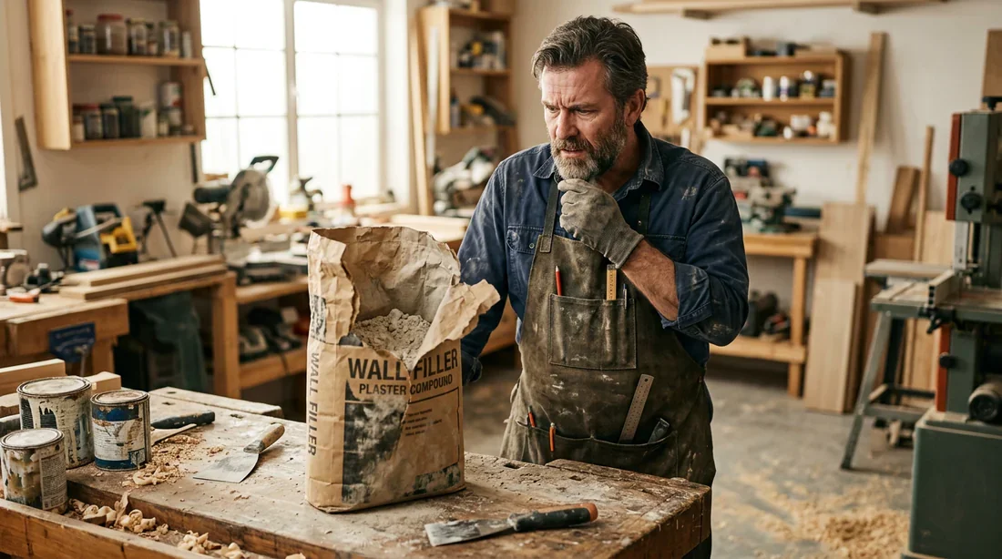Peut-on utiliser de l'enduit périmé ? L'avis d'un expert Un artisan dubitatif devant un vieux sac d'enduit poussiéreux dans son atelier