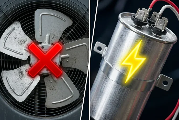 Ventilateur unité extérieure ne tourne pas : 5 solutions - Ventilateur PAC bloqué ? Réparez-le facilement (2026) - Pourquoi le ventilateur extérieur ne tourne plus ? Panne de ventilateur de climatiseur et condensateur défectueux