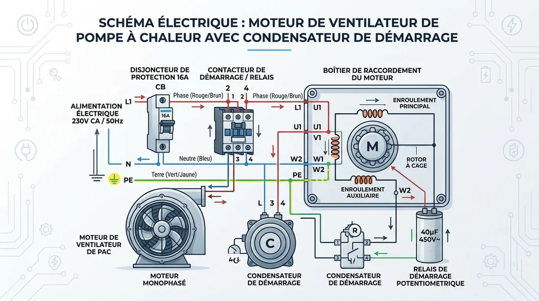 Schéma explicatif du branchement d'un condensateur de pompe à chaleur