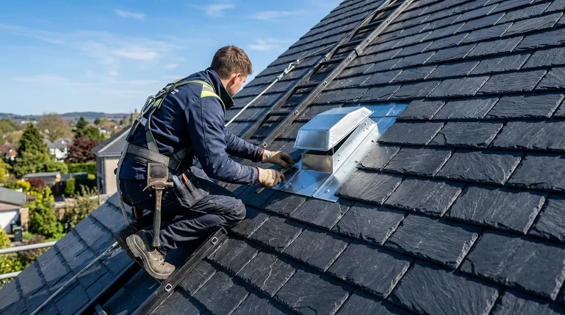 Pose d'une chatière de ventilation en zinc sur toit en ardoise Couvreur de dos installant une chatière de ventilation en zinc neuve sur un toit en ardoise propre