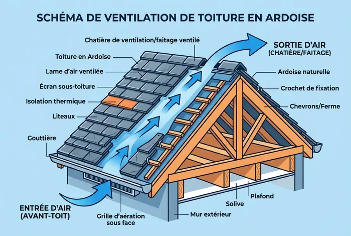 Ventilation d'une toiture ardoise : règles DTU - Toit en Ardoise : 3 Solutions Anti-Humidité - Comment réussir la ventilation d'un toit ardoise ? Schéma de ventilation de toiture en ardoise avec flux d'air