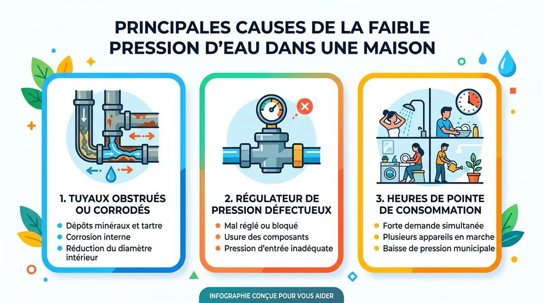 Pourquoi ma pression d'eau est faible ? Infographie des causes de baisse de pression d'eau