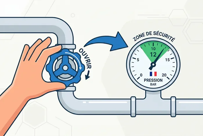 Infographie illustrant le réglage de la pression sur une chaudière