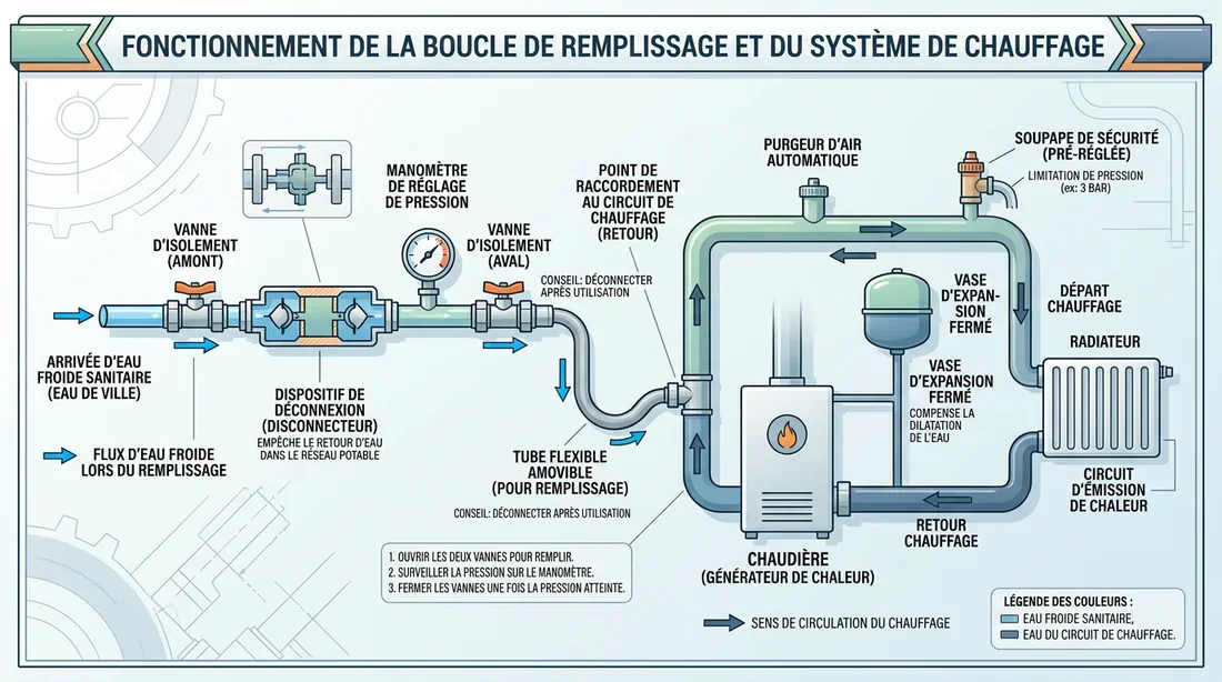 Schéma explicatif du remplissage d'une chaudière
