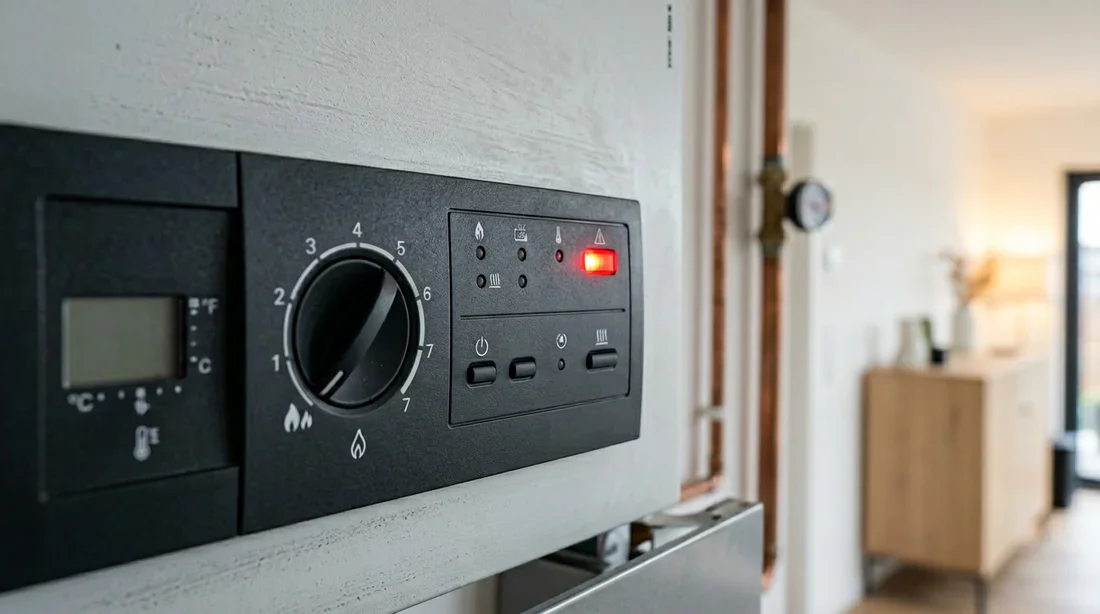 Gros plan sur le voyant rouge de défaut d'une chaudière Viessmann Vitopend 100